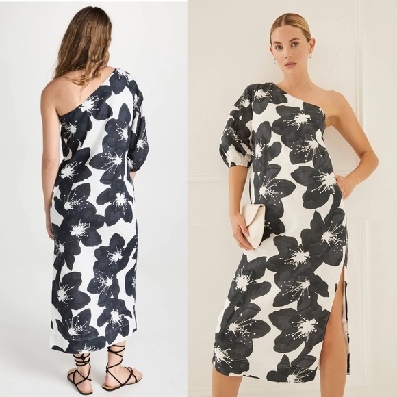 SOMETHING NAVY Floral Print Linen Cotton One Shoulder Puff Sleeve Column Gown L - Picture 10 of 13